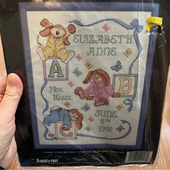 JANLYNN Counted Cross Stitch Kit SLEEPY BUNNIES BIRTH SAMPLER #54-48  11" x 14" - Picture 2 of 4